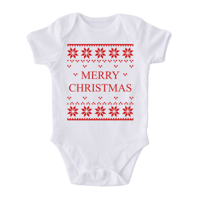 White baby onesie with red sweater design and Merry Christmas text