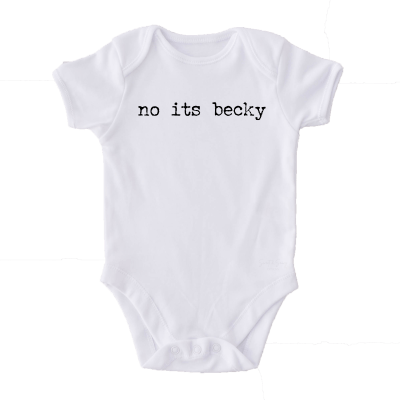 White short sleeve baby bodysuit with no its becky text design in black
