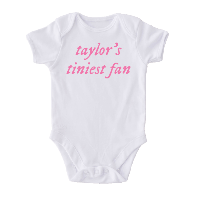 White Taylor Swift baby onesie with taylor's tiniest fan in pink